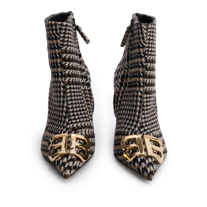 Balenciaga Black/Beige Houndstooth Wool BB Logo Knife Pointy Toe Ankle Boots, Size 37.5
