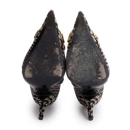 Balenciaga Black/Beige Houndstooth Wool BB Logo Knife Pointy Toe Ankle Boots, Size 37.5
