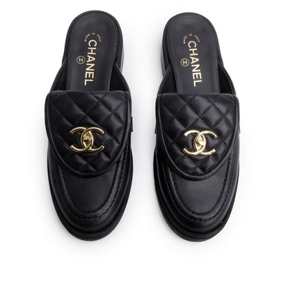 Chanel 2025 Black Quilted Leather CC Logo Mule, Size 38.5