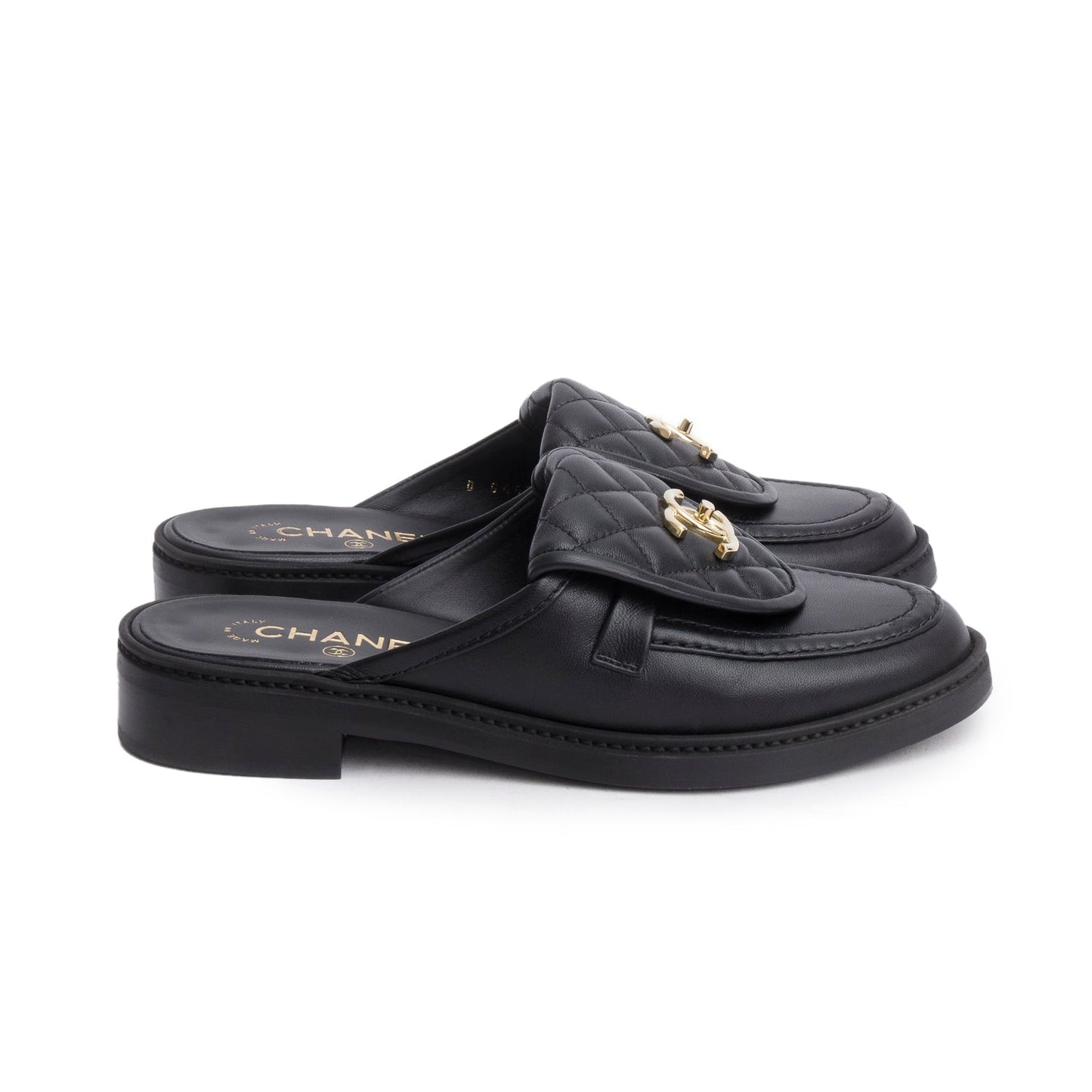 Chanel 2025 Black Quilted Leather CC Logo Mule, Size 38.5