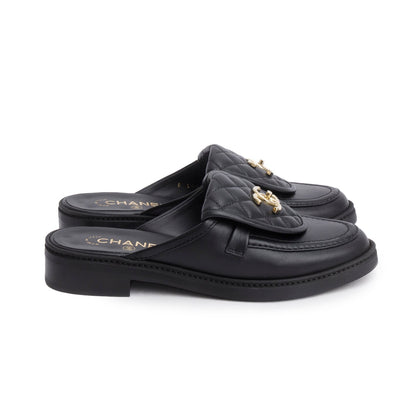 Chanel 2025 Black Quilted Leather CC Logo Mule, Size 38.5
