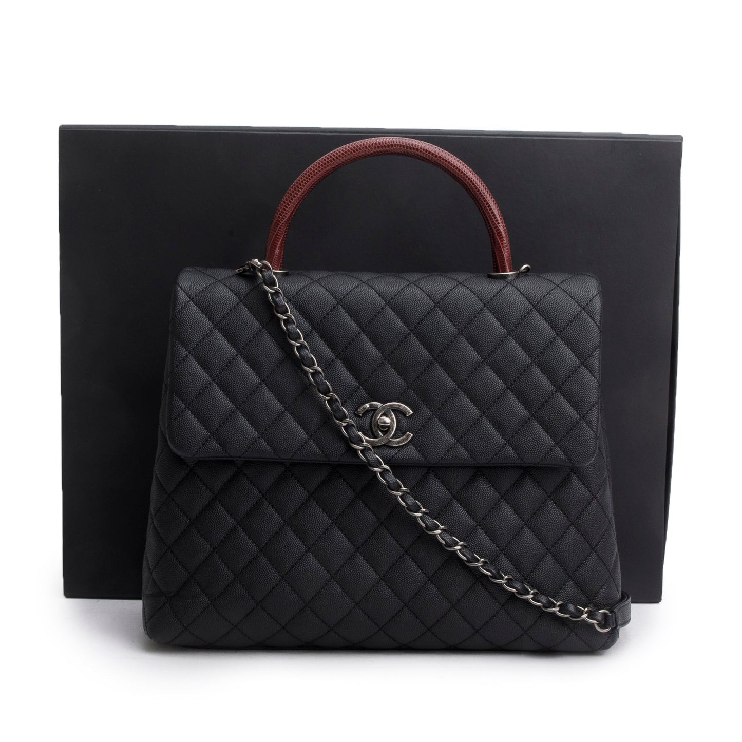 Chanel Black Caviar Lizard Quilted Large Coco Handle Flap Bag