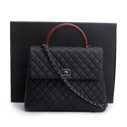 Chanel Black Caviar Lizard Quilted Large Coco Handle Flap Bag