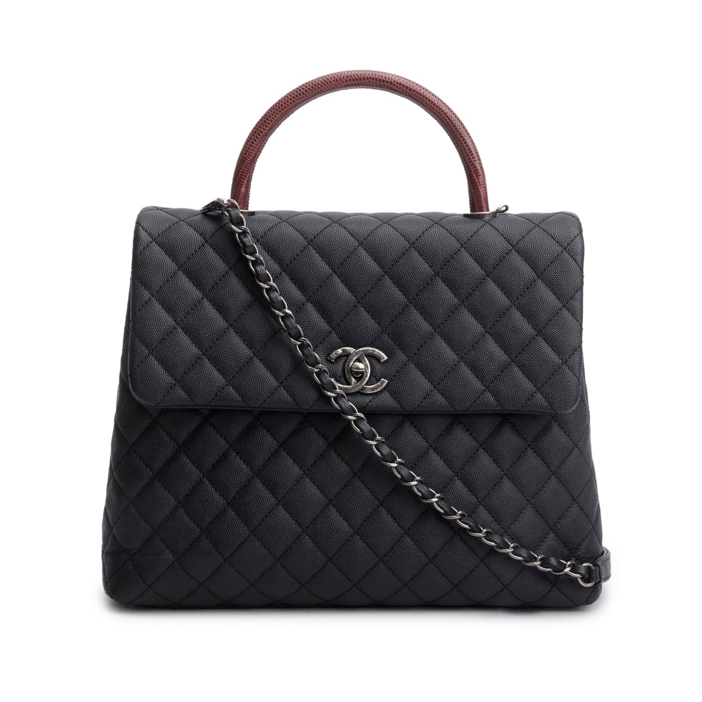 Chanel Black Caviar Lizard Quilted Large Coco Handle Flap Bag