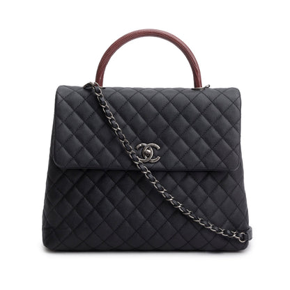 Chanel Black Caviar Lizard Quilted Large Coco Handle Flap Bag