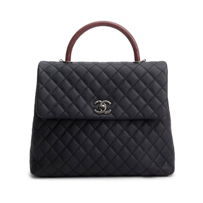 Chanel Black Caviar Lizard Quilted Large Coco Handle Flap Bag