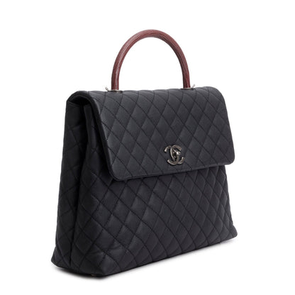 Chanel Black Caviar Lizard Quilted Large Coco Handle Flap Bag