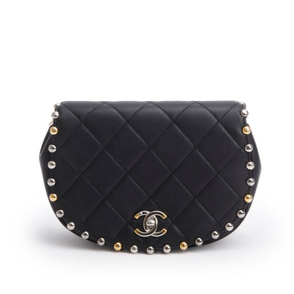 Chanel Black Lambskin Quilted Small Studded Bubble Flap