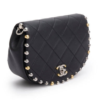 Chanel Black Lambskin Quilted Small Studded Bubble Flap