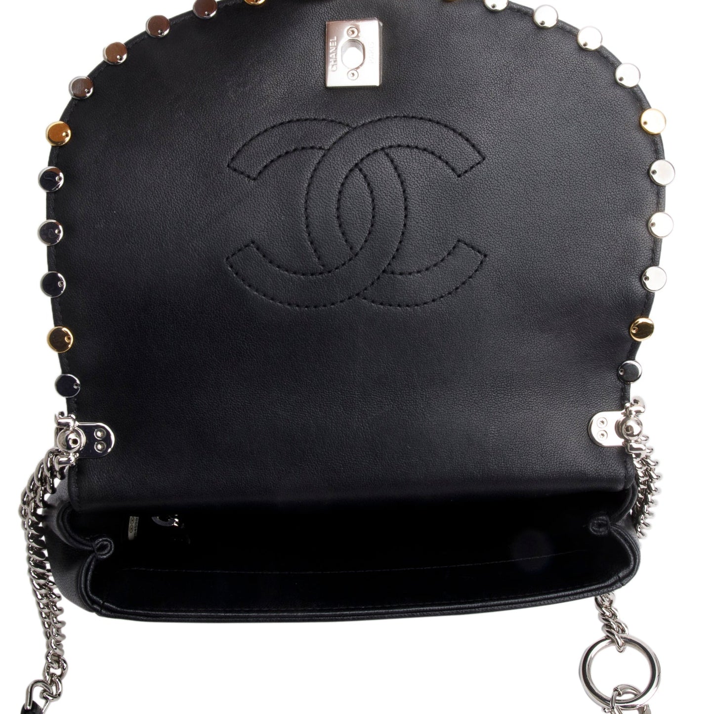 Chanel Black Lambskin Quilted Small Studded Bubble Flap