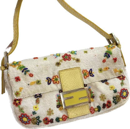 Fendi Baguette glitter white canvas with floral beads