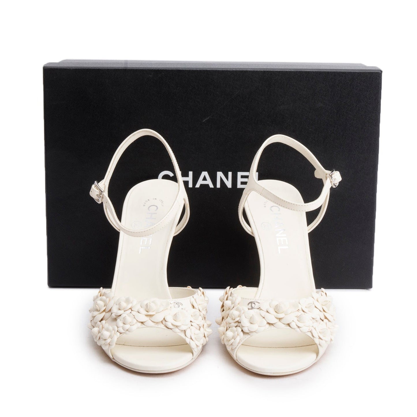 Chanel White Leather CC Camellia Slingback Sandals, Size 38.5