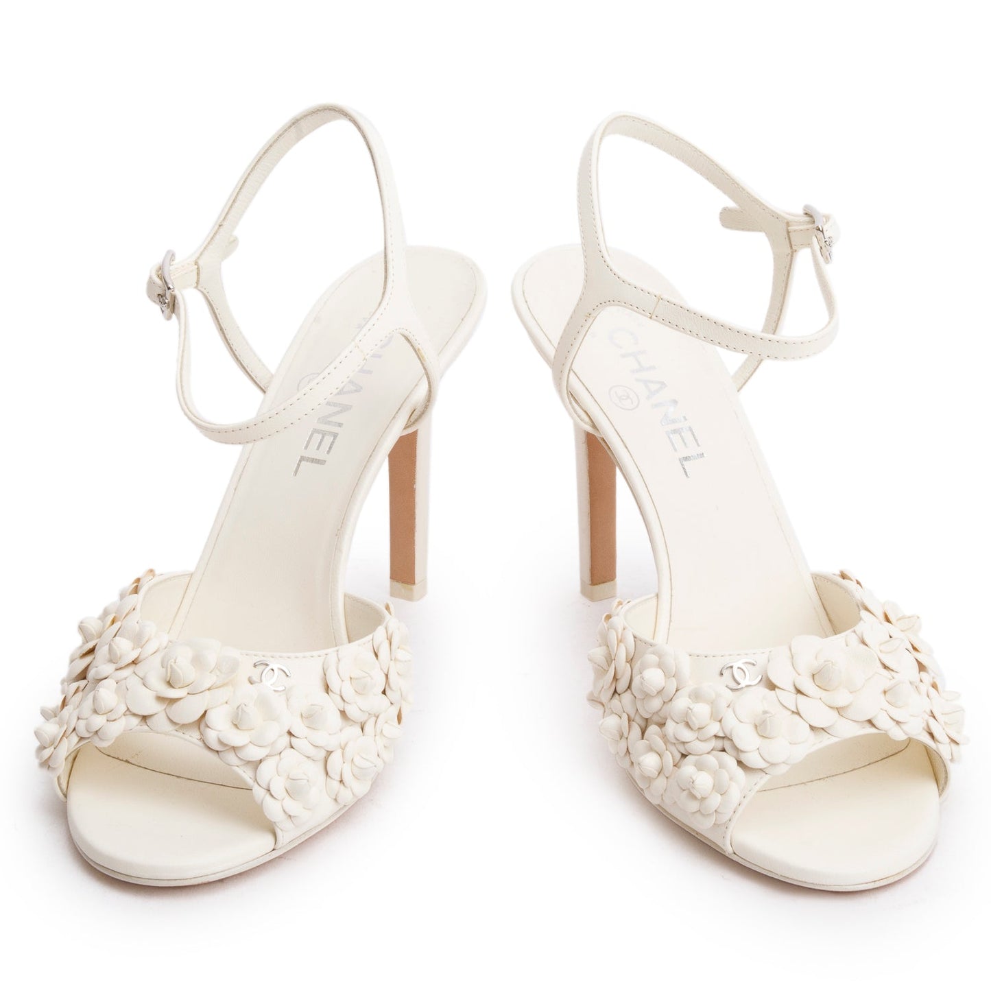 Chanel White Leather CC Camellia Slingback Sandals, Size 38.5