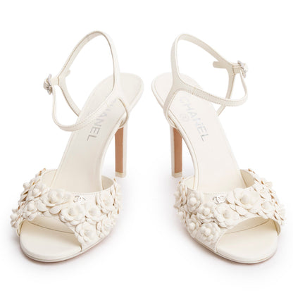 Chanel White Leather CC Camellia Slingback Sandals, Size 38.5