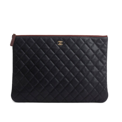 Chanel Black Quilted Caviar Leather Large O-Case Clutch