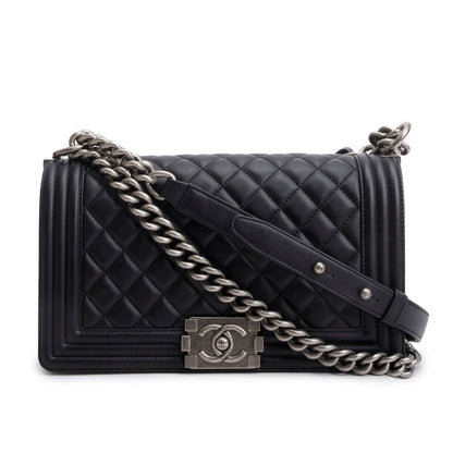 Chanel Black Quilted Lambskin Leather Medium Boy Bag