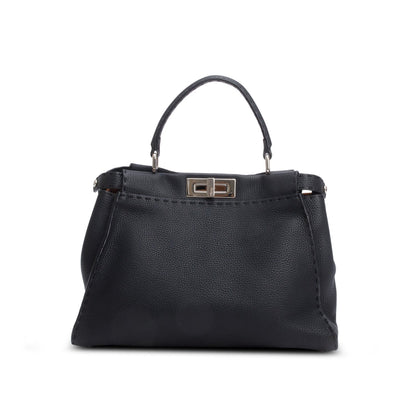 Fendi Black Cuioio Romano Selleria Medium Peekaboo Iconic Satchel