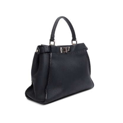 Fendi Black Cuioio Romano Selleria Medium Peekaboo Iconic Satchel