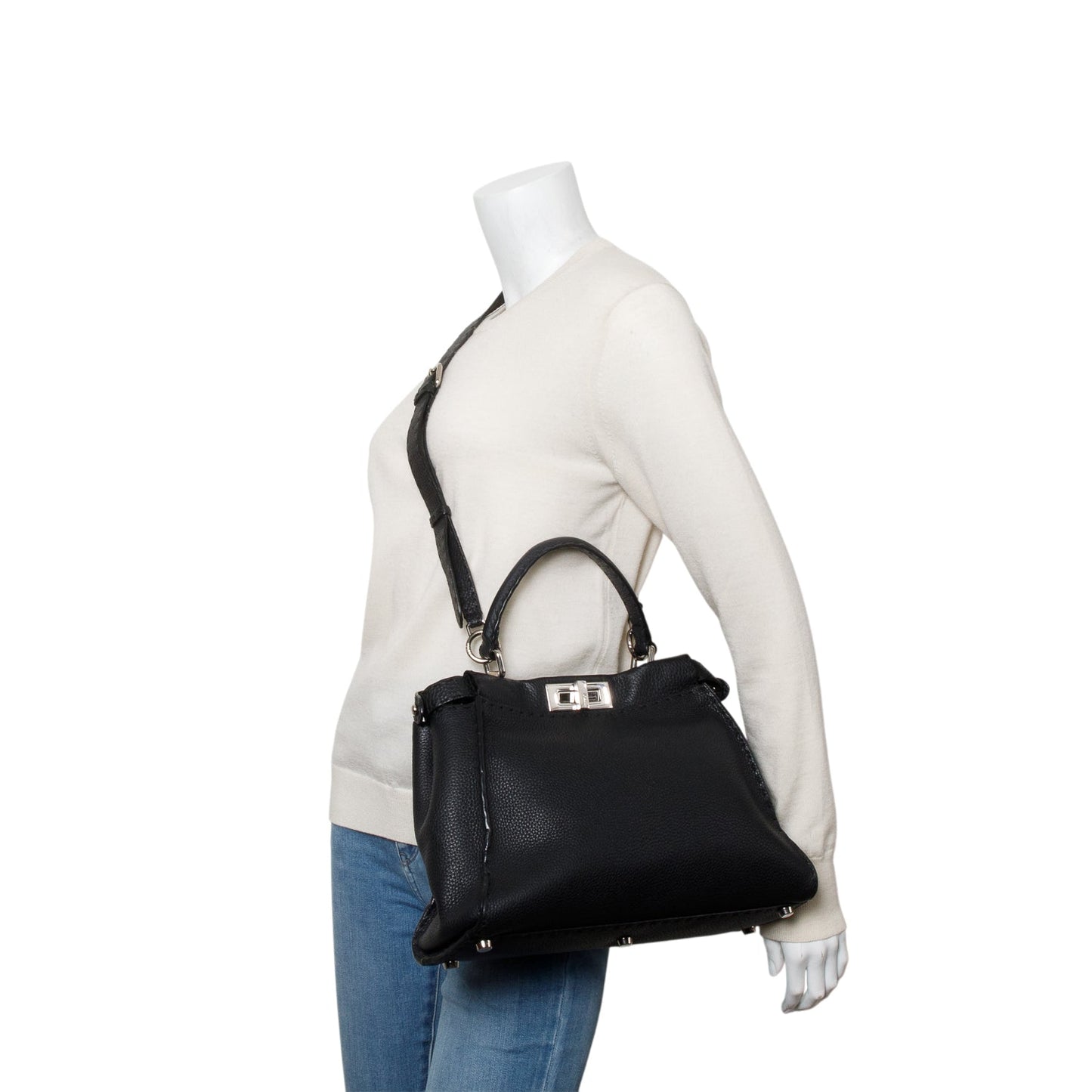 Fendi Black Cuioio Romano Selleria Medium Peekaboo Iconic Satchel
