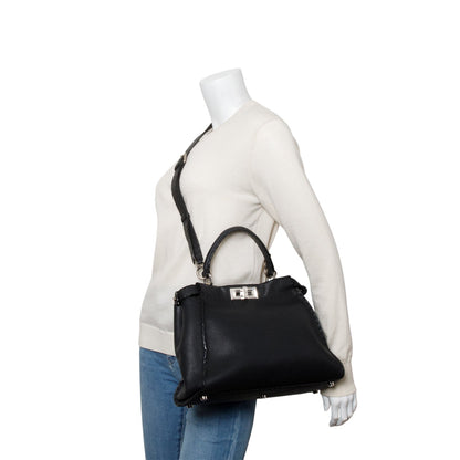Fendi Black Cuioio Romano Selleria Medium Peekaboo Iconic Satchel