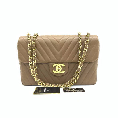 Chanel Vintage Classic Maxi Single Flap Taupe Brown Caviar Chevron Stitch 24 Gold Hardware