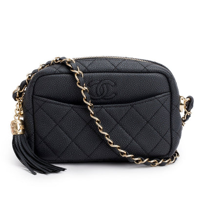 Chanel Black Caviar Quilted Mini Coco Tassel Camera Case