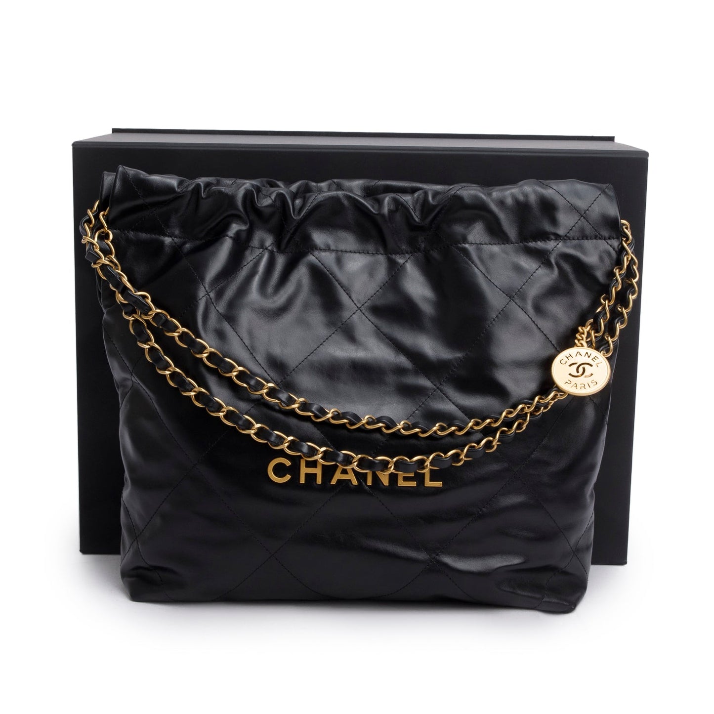 Chanel Black Shiny Calfskin Quilted Small 22 Hobo
