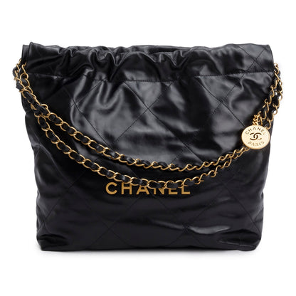 Chanel Black Shiny Calfskin Quilted Small 22 Hobo