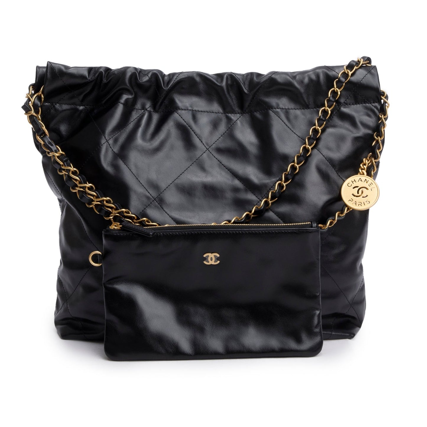 Chanel Black Shiny Calfskin Quilted Small 22 Hobo