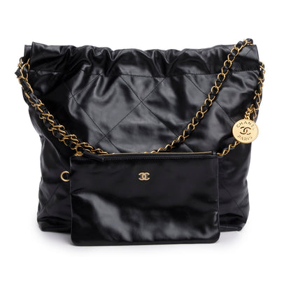 Chanel Black Shiny Calfskin Quilted Small 22 Hobo