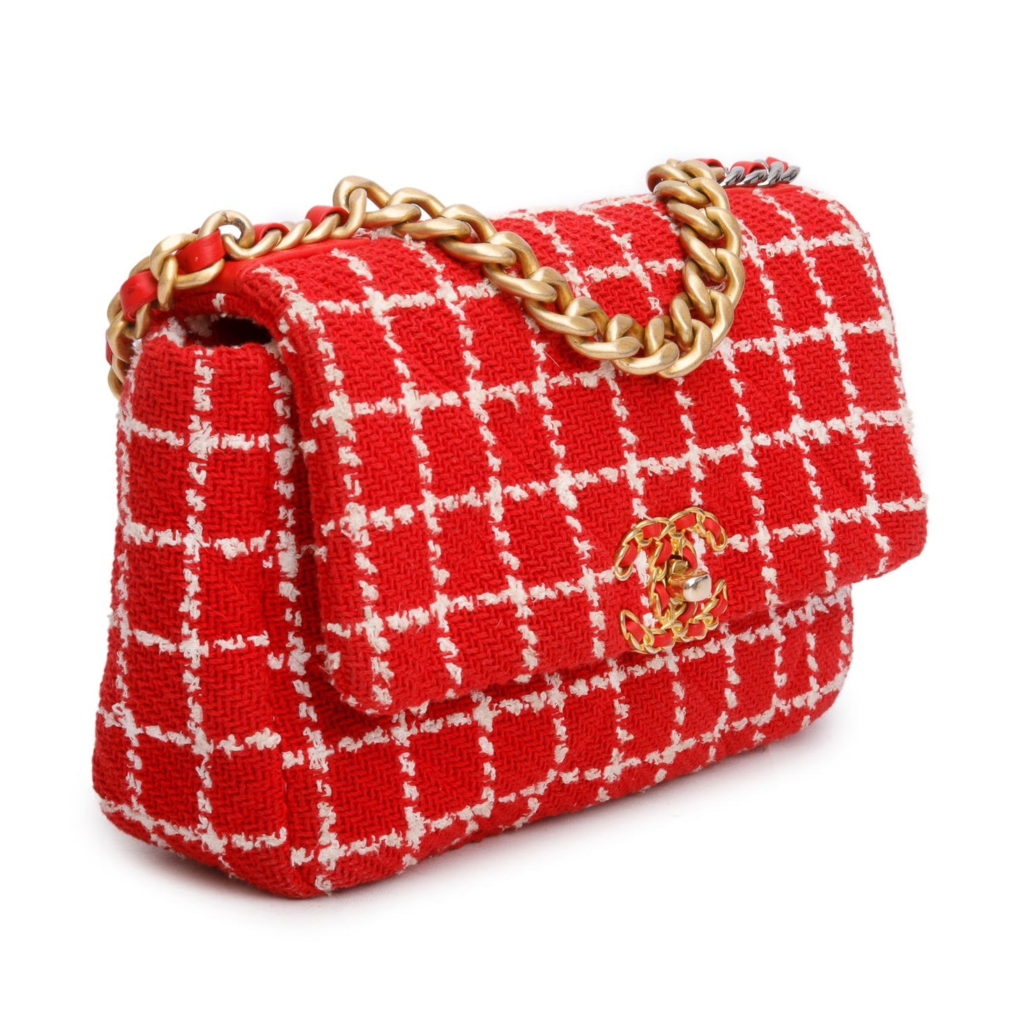 Chanel Red Tweed Quilted Medium Chanel 19 Flap