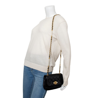 Chanel Black Calfskin Quilted Mini Pearl Side Flap Bag