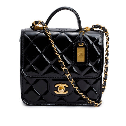 Chanel Black Patent Leather Quilted Mini School Memory Top Handle Bag