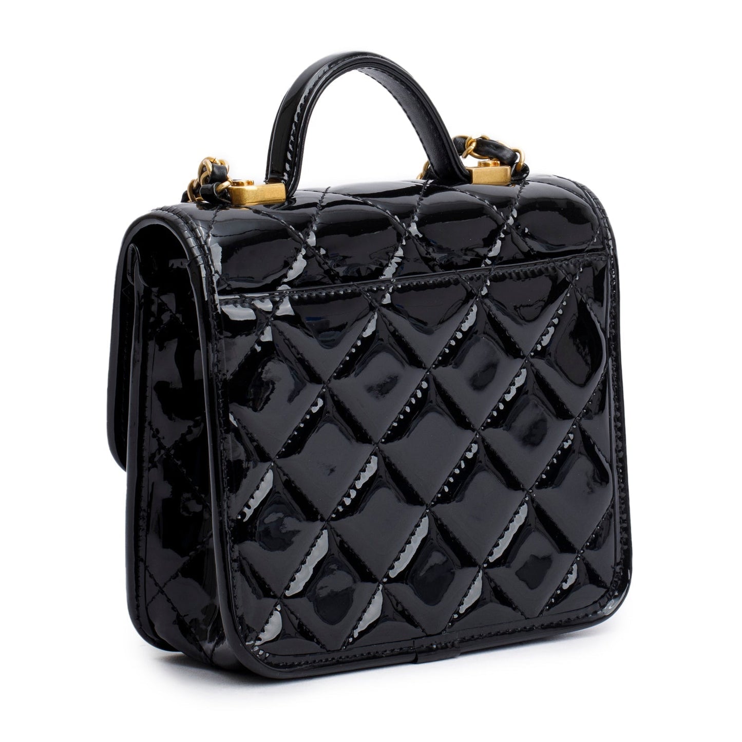 Chanel Black Patent Leather Quilted Mini School Memory Top Handle Bag