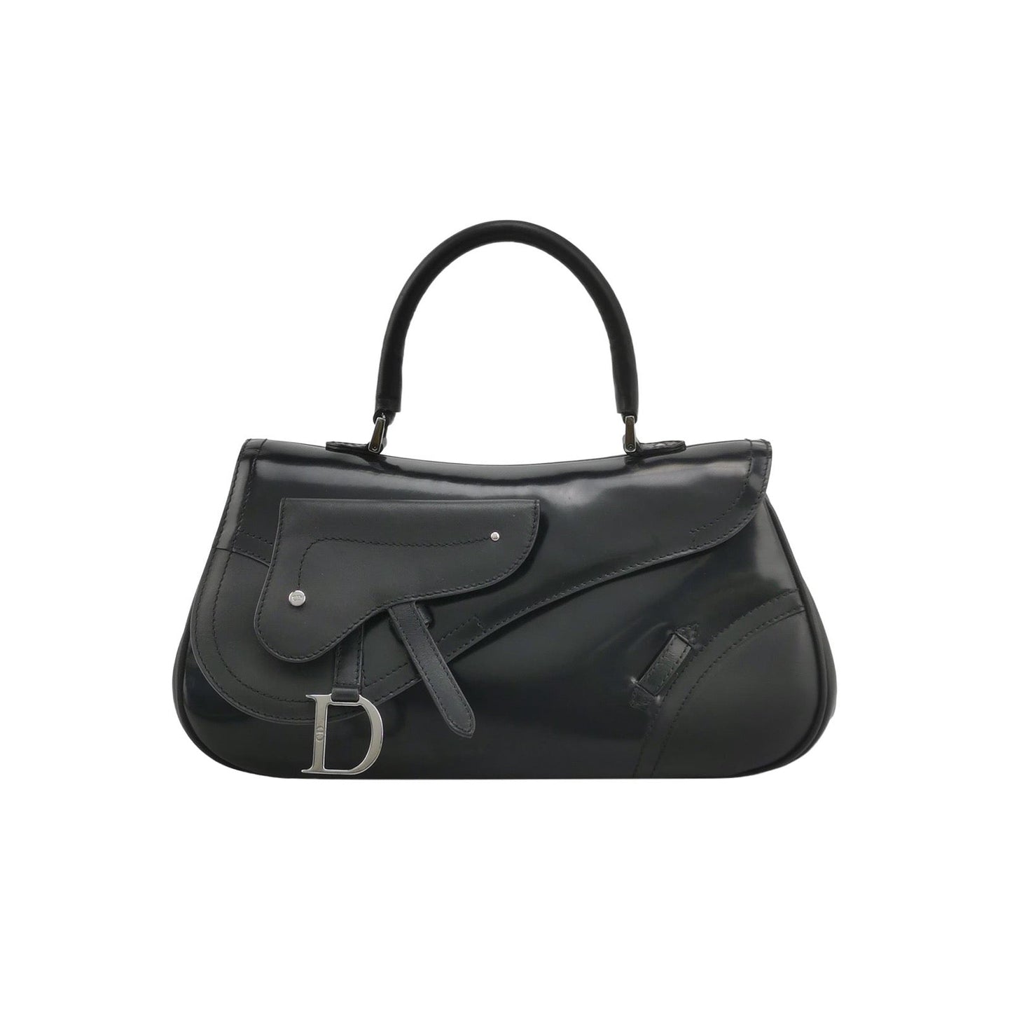 Dior Top Handle Saddle Bag Black Smooth Shiny Calfskin Leather