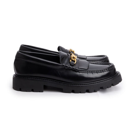 Celine Black Polished Bull Triomphe Chain Margaret Loafer, Size 41