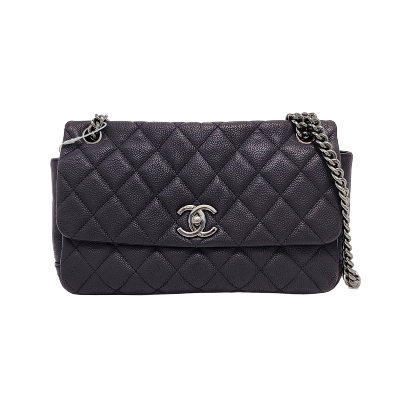 Chanel Single Flap Bag Raisin Dark Purple Calfskin Caviar Leather Silver Chain 2012
