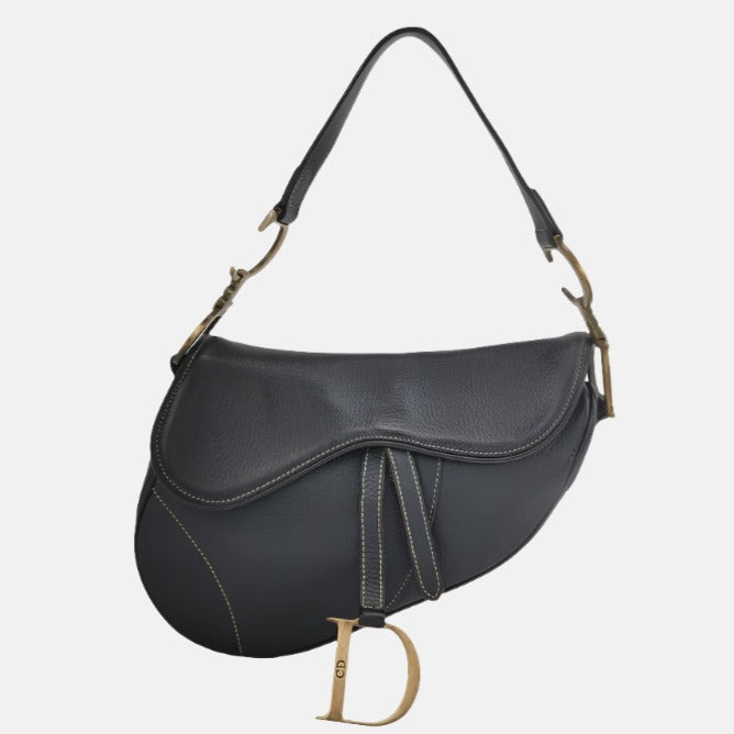 Dior Saddle Vintage Leather Black with Antiqued Gold Hardware