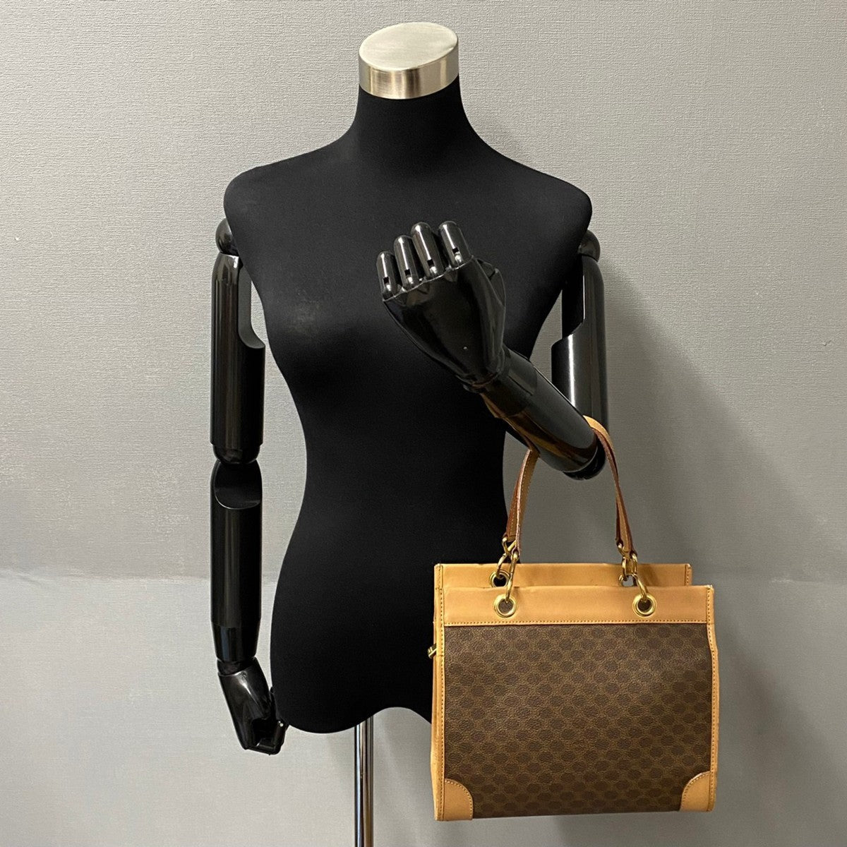 CELINE Handbag Leather, PVC Brown Macadam Blason Triomphe Women(Unisex)