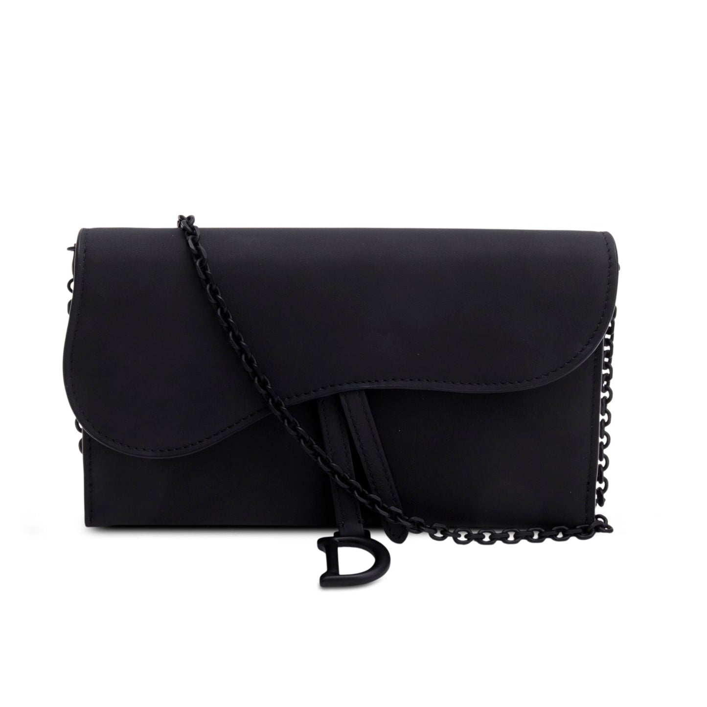 Christian Dior 2022 Black Ultra Matte Calfskin Saddle Chain Wallet Pouch