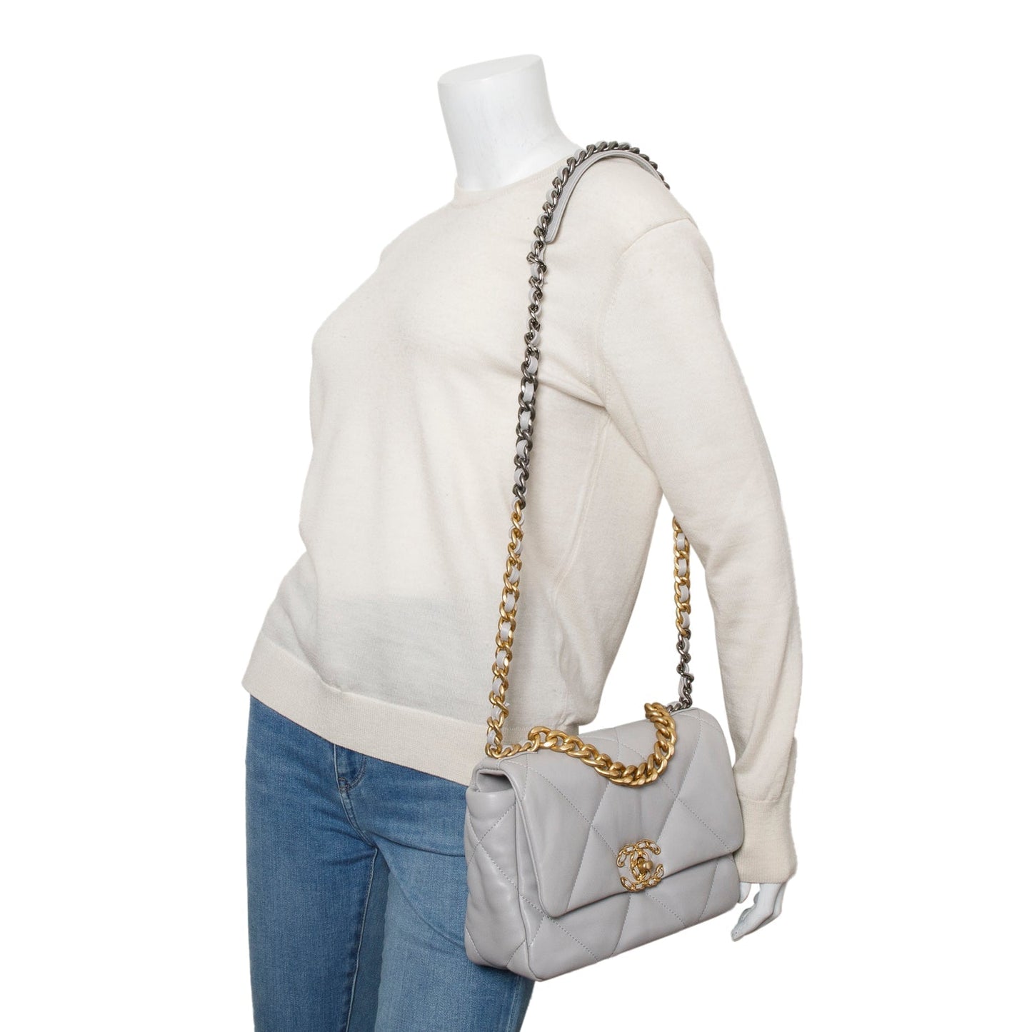 Chanel Grey Lambskin Leather Medium 19 Flap Bag