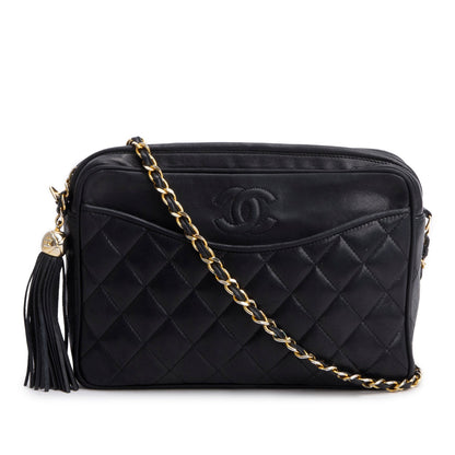 Chanel Vintage Black Quilted Lambskin Leather CC Tassel Camera Bag