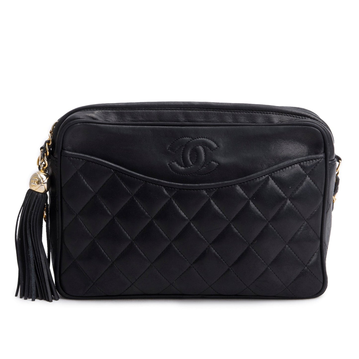 Chanel Vintage Black Quilted Lambskin Leather CC Tassel Camera Bag