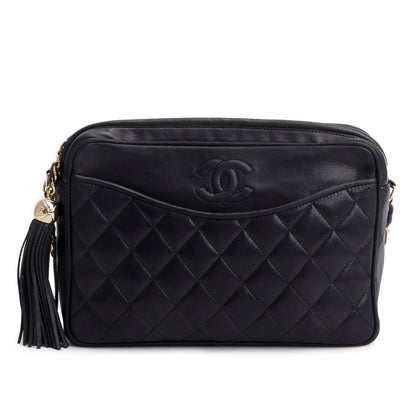 Chanel Vintage Black Quilted Lambskin Leather CC Tassel Camera Bag