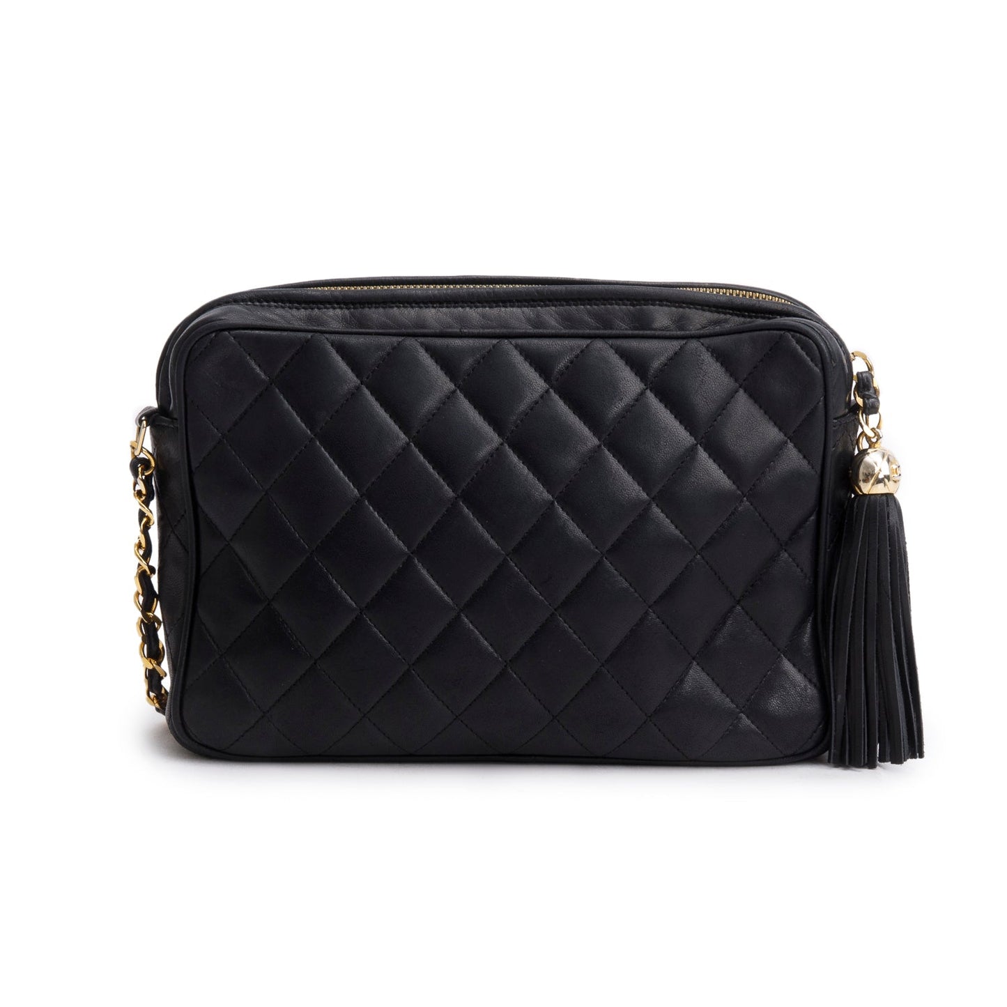 Chanel Vintage Black Quilted Lambskin Leather CC Tassel Camera Bag