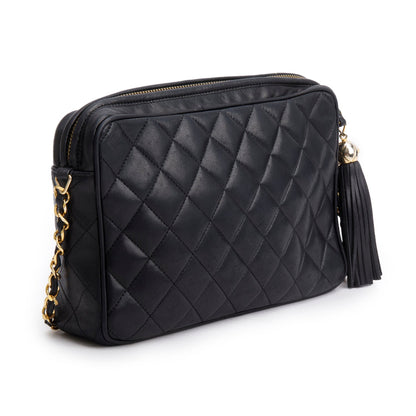 Chanel Vintage Black Quilted Lambskin Leather CC Tassel Camera Bag