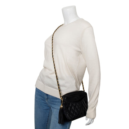 Chanel Vintage Black Quilted Lambskin Leather CC Tassel Camera Bag