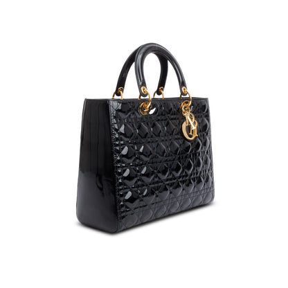 Christian Dior Black Cannage Patent Leather Large Lady Dior