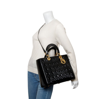 Christian Dior Black Cannage Patent Leather Large Lady Dior