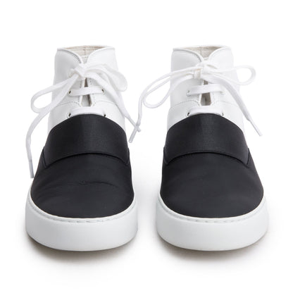 Chanel Black/White Lambskin Leather Interlocking CC Logo High Top Sneakers, Size 37